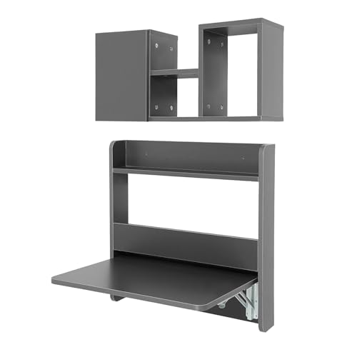 Wall Mounted Folding Table with Booksheves,Floating Desk with Bookcase,Wooden Fold Down Laptop Table for Small Space,Home Office, Bedroom,Study Room,Dorm,Grey - color: Grey