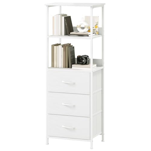 Somdot 5 Tier Bookshelf with 3 Drawers, Narrow Storage Bookcase for Bedroom | Tall Metal Frame Bookcase for Small Spaces, Living Room and Home Office, White - color: White