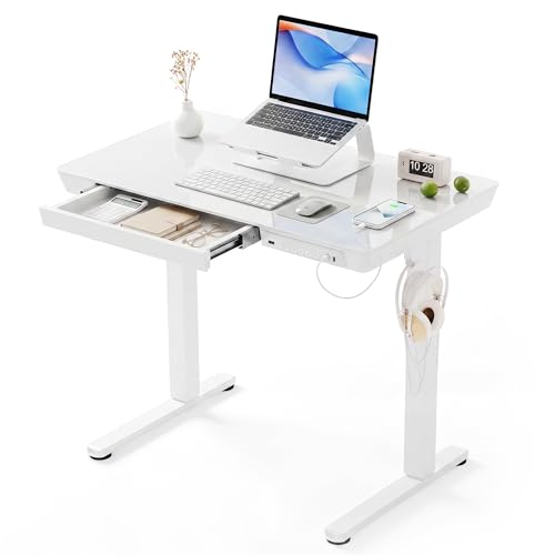 INNOVAR 32" Small Glass Standing Desk with Drawers & USB Ports, Whole-Piece Glass Top Adjustable Height Desks, Quick-Install Electric Sit-Stand Up Desk for Home Office & Computer Workstation, White - color: Super White, size: 32 inch with USB