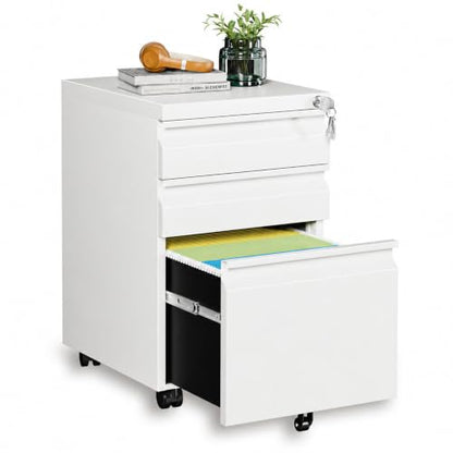 3 Drawer Mobile File Cabinet with Lock, Fully Assembled - color: White