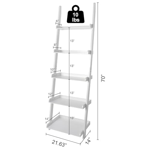 5 Tier Wall-Leaning Ladder Bookshelf, White, 70 Inches | Modern, Storage Rack, Organizer - color: White
