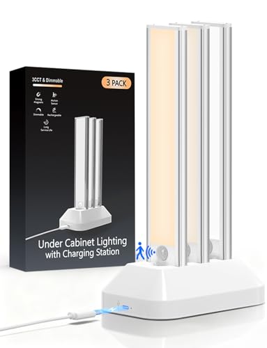 VerRon 3-Pack Under Cabinet Lighting with Charging Station, 8inch | 2000mAh Rechargeable, 3 Color Temps, Dimmable, Magnetic Mount, Wireless Motion Sensor Lights for Kitchen, Closet, Stair - color: 3CCT-3 pack, size: 8 inch