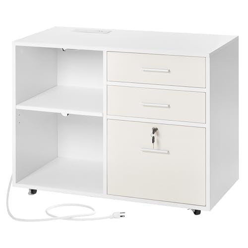 VEVOR 3 Drawer Wooden File Cabinet, Mobile Filing Cabinet with Light Strip, Lockable Rolling File Storage with Adjustable Shelves & 5 Wheels, Free Standing Printer Stand for Home Office School, White