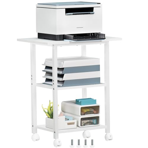 Lerliuo 3-Tier Printer Stand, Industrial Mobile Printer Table with Storage Shelf and Steel Frame, Rolling Printer Cart Holder with Lockable Wheels for Home, Office (White) - color: White, size: 3-Tier