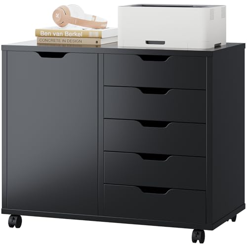 DUMOS 5-Drawer Mobile File Cabinet, Wooden Printer Stand with Storage | Under Desk Cabinets with Adjustable Shelf & Wheels for Home Office Organizer Storage Craft Room, Black - color: Classic Black, size: 30.7'' × 25.2'' × 15.7''