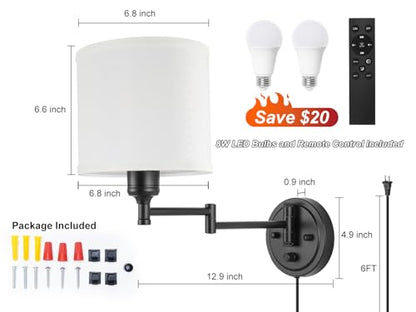 Plug in Wall Sconces with Remote Control, Dimming 10%-100% & Adjustable Colors 2700K-6500K, Hardwire or Plug-in, Swing Arm Wall Lamp with White Fabric Shade, Wall Sconces Set of Two, Black Finish - color: Black & White