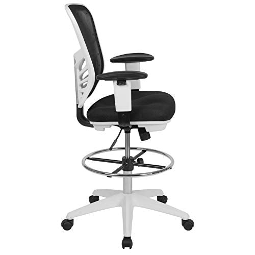 EMMA + OLIVER White Mid-Back Mesh Drafting Chair | Adjustable Foot Ring, 360° Swivel, Height Adjustable, Commercial Grade - color: Black Mesh/White Frame