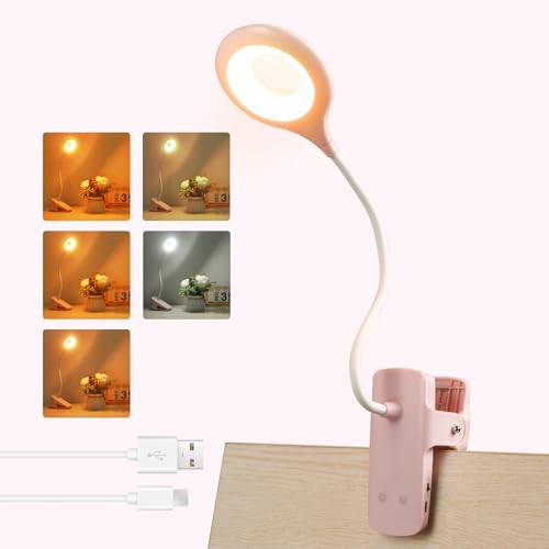 Akynite Clip on Light LED Desk Lamp 5 Brightness+5 Colors Rechargeable Lamp | Pink, Dimmable, Battery powered, Flexible Gooseneck, Cordless & Portable, with Clamp, Book Reading Light for Bed/Dorm/Table - color: Pink