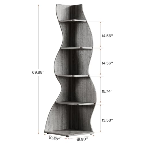 Tribesigns Wavy Corner Shelf, Modern 5-Tier Bookshelf Bookcase with Curvy Shape, Unique Plant Stand Display Rack for Living Room Small Space (Gray) - color: Grey