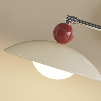 Nordic Chrome Swing Arm Wall Sconce, Modern Cream Dome Wall Mounted Lamp Silver Wall Lighting Fixture with Red Ball Accent for Bedroom Home Office