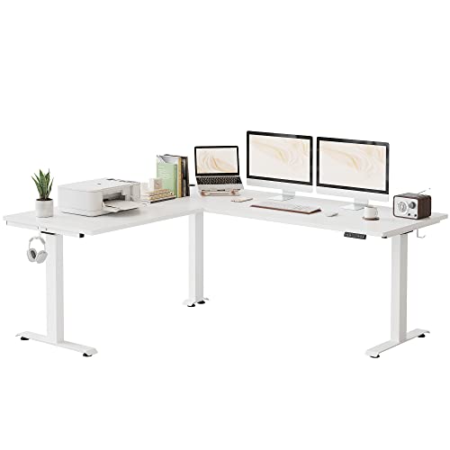 FEZIBO 75 Inches, Supports Over 300lbs, Large L Shaped Standing Desk, Electric Height Adjustable L Shaped Desk, Suitable for Home Office, White Frame/White Top - color: White, size: 75 Inch
