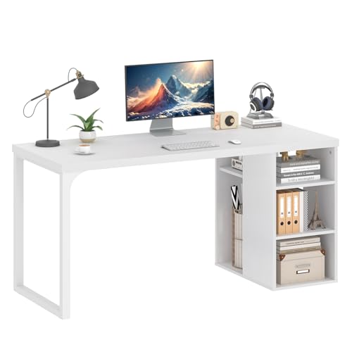 EXCEFUR White Computer Desk with Storage Shelves, Modern Home Office Desk, Reversible Wood and Metal Writing Study Table Workstations for Living Room Bedroom, 53 Inch - color: White