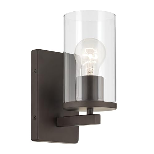 Kichler Crosby 1-Light Bathroom Wall Light, Olde Bronze | Clear glass wall light for bathrooms, hallways and bedrooms (4.5" x 9.25"), 45495OZCLR - color: Old Bronze, size: 1 Light, style: Clear Glass