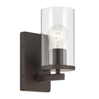 Kichler Crosby 1-Light Bathroom Wall Light, Olde Bronze | Clear glass wall light for bathrooms, hallways and bedrooms (4.5" x 9.25"), 45495OZCLR - color: Old Bronze, size: 1 Light, style: Clear Glass
