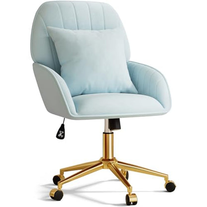 Home Office Desk Chair Comfy with Adjustable Swivel Wheels, Modern Velvet Makeup Vanity Chair with Back & Pillow, Ergonomic Office Chair Computer Task Chair for Living Room, Bedroom, Blue - color: Blue