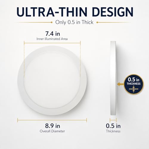 KSANA 9 Inch LED Flush Mount Ceiling Light, 5 CCT Selectable Ultra-Slim Round Flat Panel Light, Triac Dimmable 5%-100%, 18W 1440LM Ceiling Light Fixture for Kitchen, Bedroom, Hallway, Office - size: 9 Inch