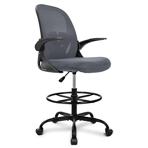 Primy Drafting Chair Tall Office Chair with Flip-up Armrests Executive Ergonomic Computer Standing Desk Chair with Lumbar Support and Adjustable Footrest Ring（Dark Gray） - color: Dark Gray, size: 934-Z