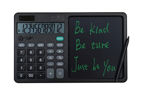 Desk Calculator Large Display with 7'' Erasable Writing Pad, 12 Digits Large Screen Display Jumbo Calculadora, Solar & Battery Powered Big Button Calculators for Business Office School, Black - color: Black