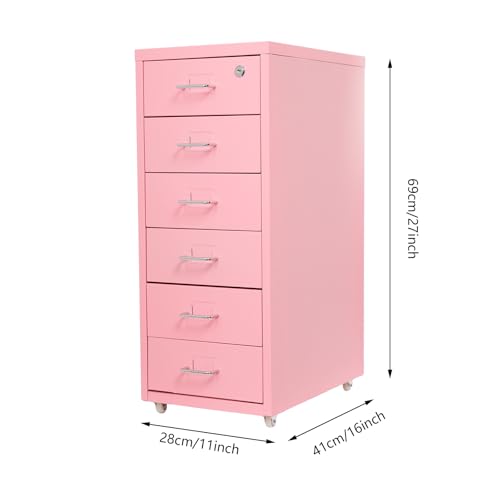 6 Drawer Mobile File Cabinet with Lock,Under Desk Metal Filing Cabinets for Home Office Organizer,Small Rolling Printer Stand with Wheels,for Letters,Legal,A4 (Pink) - color: Pink
