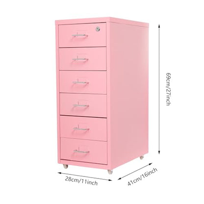 6 Drawer Mobile File Cabinet with Lock,Under Desk Metal Filing Cabinets for Home Office Organizer,Small Rolling Printer Stand with Wheels,for Letters,Legal,A4 (Pink) - color: Pink