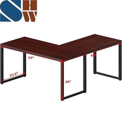 SHW 55 x 60 Commercial-Grade L-Shape Corner Office Computer Desk, Cherry | 10-Year Limited Warranty - color: Cherry