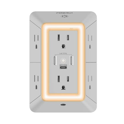 Multi Plug Wall Outlet Night Light, POWRUI 6 Outlet Extender & 3 USB Ports - color: Grey(6Outlets/Night Light), size: 2U1C