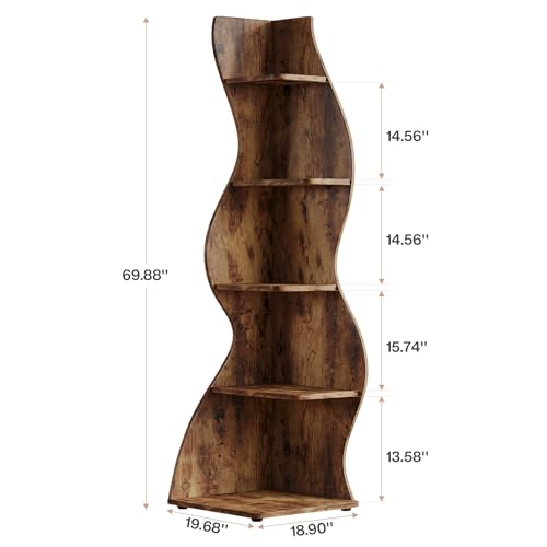 Tribesigns Wavy Corner Shelf, Modern 5-Tier Bookshelf Bookcase with Curvy Shape, Unique Plant Stand Display Rack for Living Room Small Space (Brown) - color: Brown