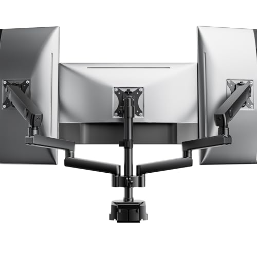 monTEK Triple Monitor Mount for 13"-27" Screens, Max 19.8 lbs Each Arm | Heavy Duty Aluminum Full Motion 3 Monitor Desk Stand, Height Adjustable Swivel Tilt Bracket, Clamp & Grommet Mounting