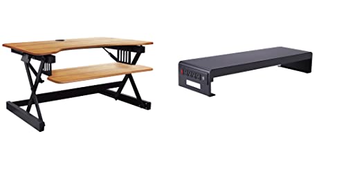 Rocelco 40" Large Height Adjustable Standing Desk Converter with Dual Monitor Stand BUNDLE - Quick Sit Stand Up Computer Workstation Riser - Retractable Keyboard Tray - Teak (R DADRT-40-DMS) - color: Teak/Black, size: 40", style: Riser+Monitor Stand
