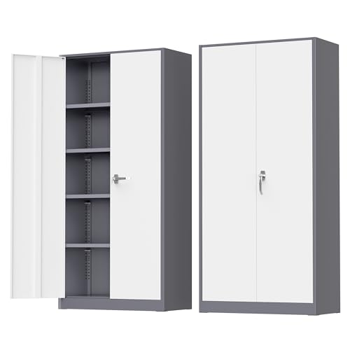 Greenvelly Metal Storage Cabinet with Doors and Shelves, 72" Inch Locking Metal Cabinet,Garage Storage Cabinet for Garage Office School Warehouse (White Gray) - color: Gray White, size: 72 Inch - Large