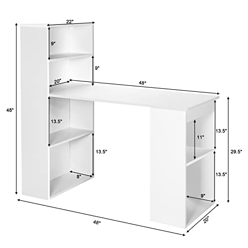 Tangkula White Computer Desk with Bookshelf, Writing Study Desk with Storage Shelves & CPU Stand, Modern Compact Computer Workstation for Home & Office, Space-Saving Design | Modern Compact Workstation w/Bookshelf Storage & CPU Stand, Space-Saving Design