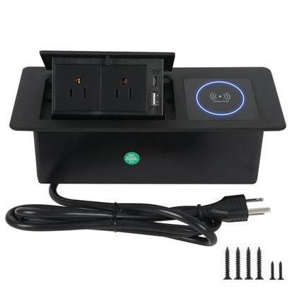 Table Pop Up Outlet Automatic Pop Up Strip Center Countertop Recessed Power Strip with 15W Wireless Charger + USB A + USB C + 2AC 5.9Ft Cord for Conference Desk Office Kitchen (Black-Wireless) - style: Black-Wireless