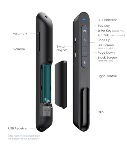 Wireless Presenter, Hyperlink Volume Control Presentation Clicker RF 2.4GHz USB PowerPoint Clicker Presentation Remote Control Pointer Slide Advancer (Black) - color: Red