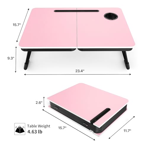 BUYIFY 23.4" Foldable Lap Desk Bed Table with Cup Holder Portable Tray - color: Pink