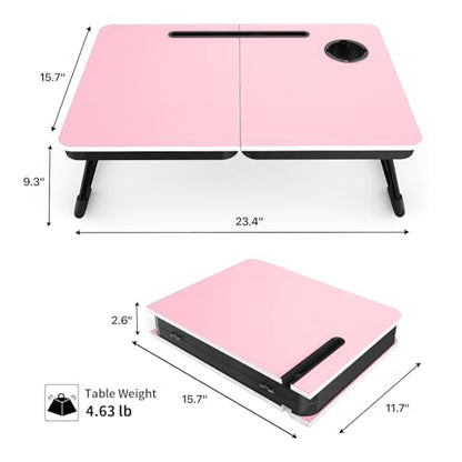 BUYIFY 23.4" Foldable Lap Desk Bed Table with Cup Holder Portable Tray - color: Pink