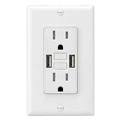 15 Amp GFCI Outlet with Dual USB-A Ports, White, 1-Pack