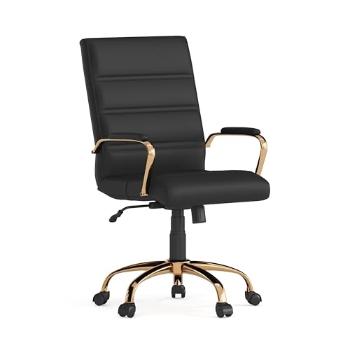 Flash Furniture Mid-Back Black LeatherSoft Executive Swivel Office Chair with Gold Frame and Arms - color: Black Leathersoft/Gold Frame