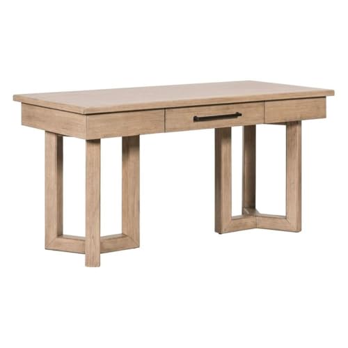 Pemberly Row 2-Piece Writing Desk and Credenza Set, Rubberwood and Birch Veneer, Barley Buff Finish, Transitional Home Office Furniture with Storage Drawer, File Drawer, Adjustable Shelves
