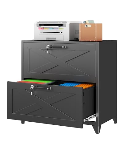 Farmhouse File Cabinet with Lock, Lateral File Cabinet with 2 Large Drawer for Letter/Legal/A4 Hanging Files,File Storage Cabinets Printer Stand for Home Office School, Black - color: Black, size: 27.8"H x 28.35"W x 15.75"D