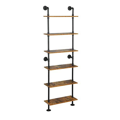 Industrial Pipe Shelving, 6-Tier Pipe Shelves Ladder Shelf, Modern Bookcase Wall Mount Bookshelf with Metal Frame, Book Shelves Wall Decor Wood Shelves for Home, Living Room, Office(23.6x9.8x78.8) - color: Black2, size: 6 tier