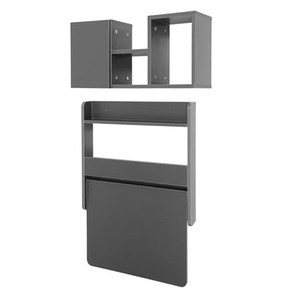 Floating Desk, 24" Wall Mounted Folding Desk with Bookshelf Folding Wall Desks Space Saving Workstation with Storage Shelves for Home Office Bedroom Study Room Small Space - color: Grey