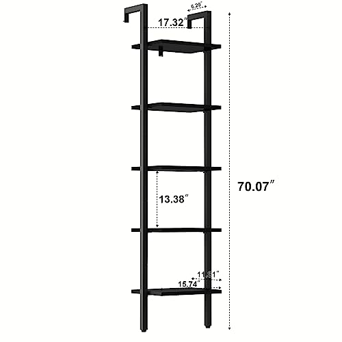 YMYNY 5 Tiers Narrow Ladder Bookcase, Industrial Wall Mounted Bookshelf, Open Display Rack with Metal Frame, Wooden Storage Shelves for Bedroom, Home Office, Living Room, Black, 70*17.3*11.8"UHBC015B - color: Black