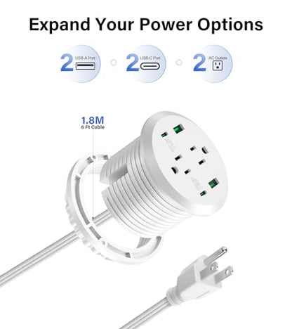 Desktop Power Grommet,GaN 65W USB C Fast Charging Station,2 AC Outlets,4 USB Ports in to the Top,Flush Mount Power Grommet 3'' Hole,Countertop Recessed Outlet White - color: White, size: 1 Pack