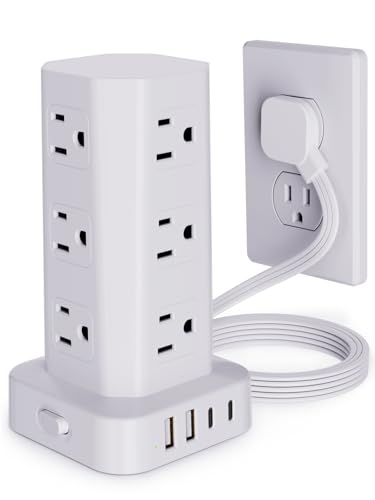 Power Strip Tower Surge Protector, 6FT Flat Plug Extension Cord with Multiple Outlets, 12 AC Outlets 4 USB (2 USB C), Desktop Charging Station with Surge Protection for Home Office Dorm Room, White - color: White, size: 6 Ft