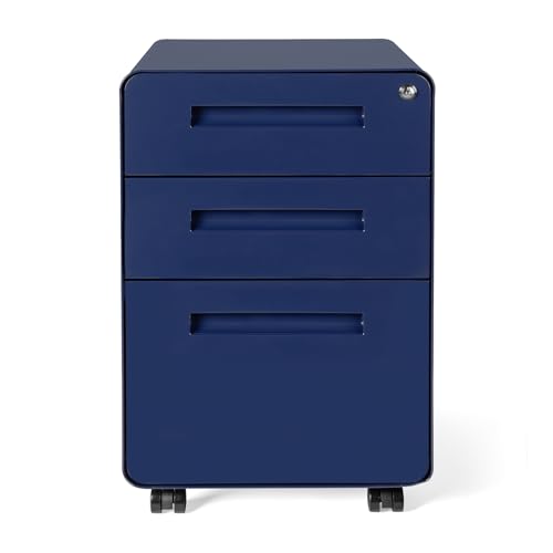 Laura Davidson Furniture Stockpile 3 Drawer File Cabinet with Lock - Under Office Desk Metal Filing Cabinet, Legal/Letter File Folders, Wheels and Stationary Feet, Pre-Assembled, Navy Blue - color: Navy Blue