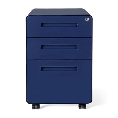 Laura Davidson Furniture Stockpile 3 Drawer File Cabinet with Lock - Under Office Desk Metal Filing Cabinet, Legal/Letter File Folders, Wheels and Stationary Feet, Pre-Assembled, Navy Blue - color: Navy Blue