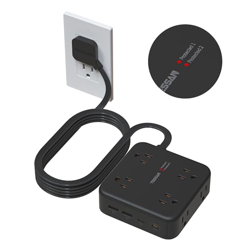 TESSAN Dual Surge Protector Power Strip, 10 Ft Extension Cord Flat Plug | 4 USB (2 USB C) 8 Outlets, 2100J Surge Protection, 20W Multiple Charging Station for Home Office College Dorm, Black - color: Black, size: 10 FT