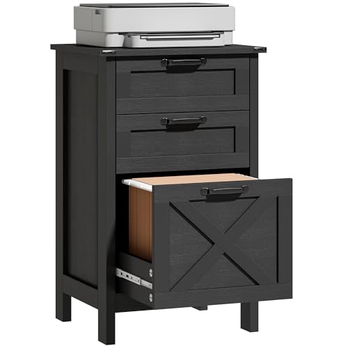 HOMCOM 3 Drawer File Cabinet Printer Stand Silent Slides Distressed Black | Vertical Filing Cabinet for Hanging A4/Letter Size, Rustic Farmhouse Printer Stand with Storage, Home Office - color: Distressed Black