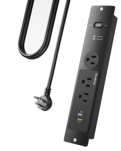 PLUGTUL Recessed Power Strip 6 FT, Flush Mount, PD 20W Fast Charging, Flat Plug, 14 Gauge, 980J Surge Protector, Black Recessed Power Strip with USB C - size: 6FT