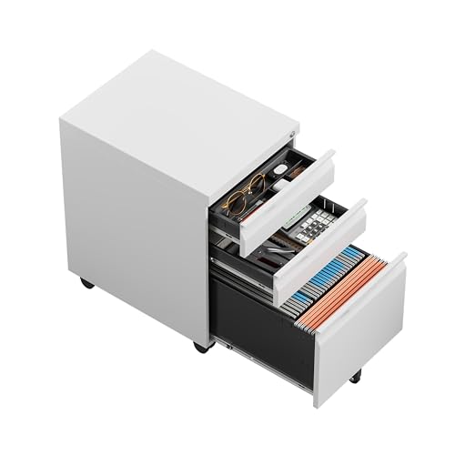 Locking File Cabinet 3 Drawers on Wheels Under Desk, Metal Filing Cabinets for Home Office, A4, Letter-Size Files, Hanging File Folders-White - color: White, size: 3 Drawer-on wheels